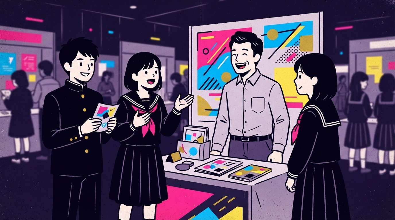 企業ブースで大人と話す高校生のイラスト