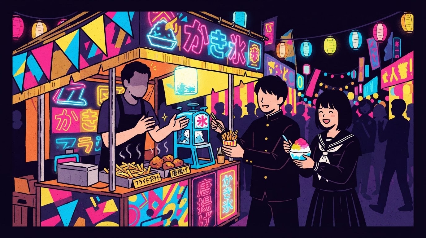 飲食屋台でポテトとかき氷を受け取る学生のイラスト